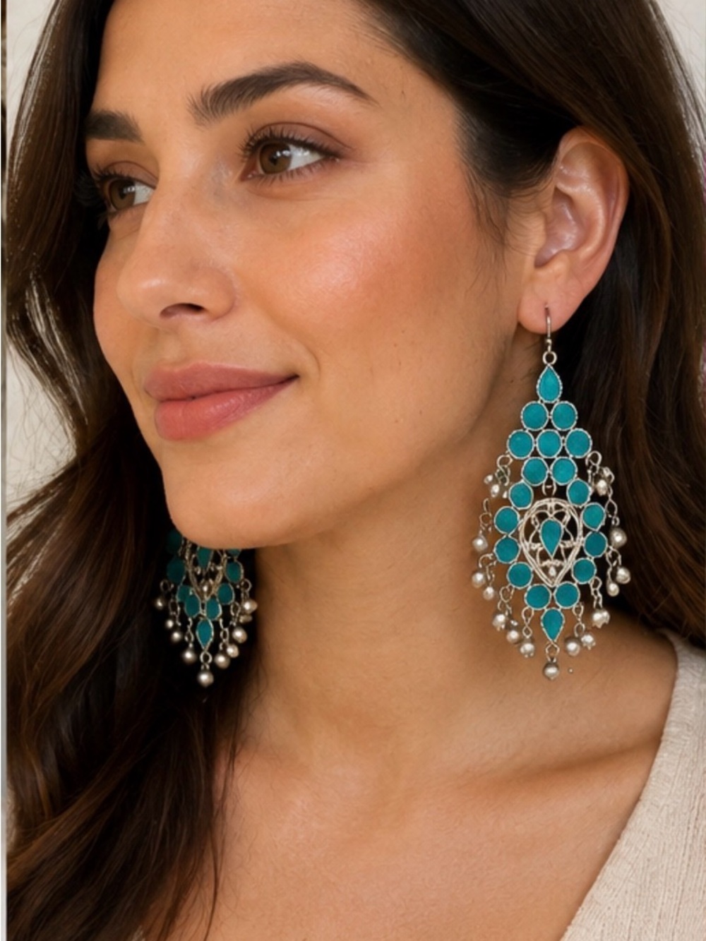 Ethnic Elegant Turquoise Silver Chandelier Maximalist Earrings